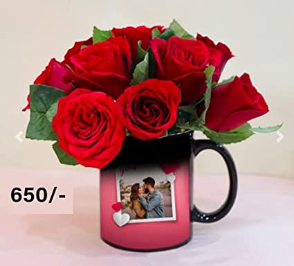 Personalized Black Magic Mug , Red Artificial Flower Bouquet